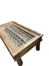 Antique Indian Carved Door Coffee Table Patina Brass Studs Solid Table