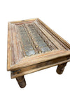 Antique Carved Door Coffee Table – Rustic Brass-Studs Accent Table 