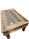Antique Carved Door Coffee Table – Rustic Brass-Studs Accent Table 