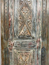 Vintage Carved Wood Barn Door Floral Distressed Teals Large Single Door 96x30