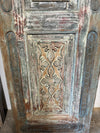 Vintage Carved Wood Barn Door Floral Distressed Teals Large Single Door 96x30