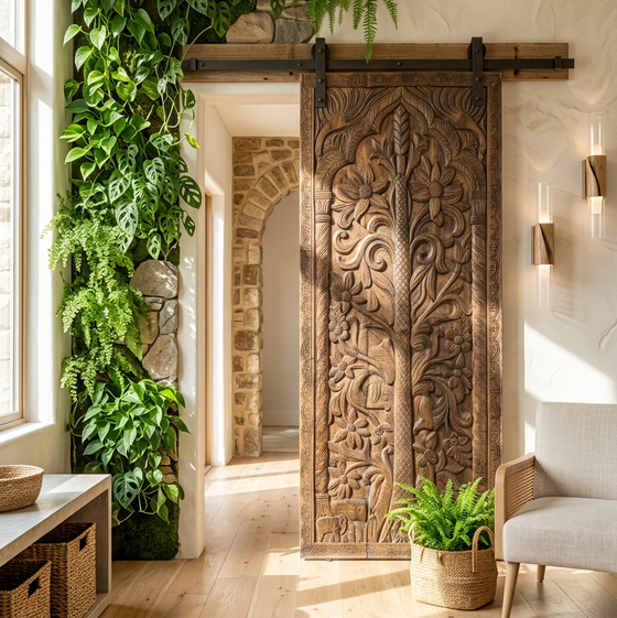 Hand-Carved Tree of Life with Elephants Wooden Barn Door Wall Panel 84