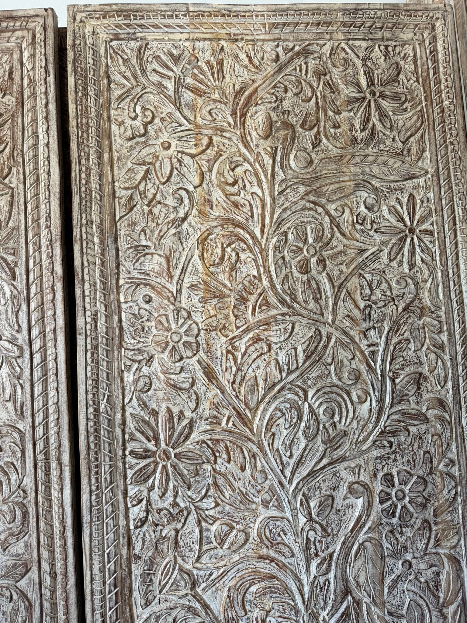 Hand-Carved Wood Tree of Life Wooden Door | Vintage Whitewashed Wall A