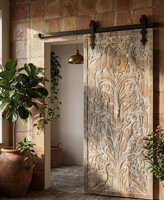 Decorative Tree of Life Wooden Wall Art Blue Wash Carved Barn Door 80x