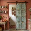 19th Century Indian Carved Hardwood Door — Eight-Panel Sunburst & Medallion with Original Turquoise Patina