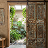 Antique Carved Floral Door Distressed Blue Hinged or Sliding Barn Door Panel 