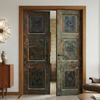 Antique Sunburst Carved Wood Double Doors