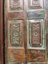 Hand-Carved Reclaimed Wood Single Door | Distressed Green Antique Pantry Door | 80x24
