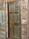 Hand-Carved Reclaimed Wood Single Door | Distressed Green Antique Pantry Door | 80x24