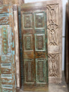Hand-Carved Reclaimed Wood Single Door | Distressed Green Antique Pantry Door | 80x24