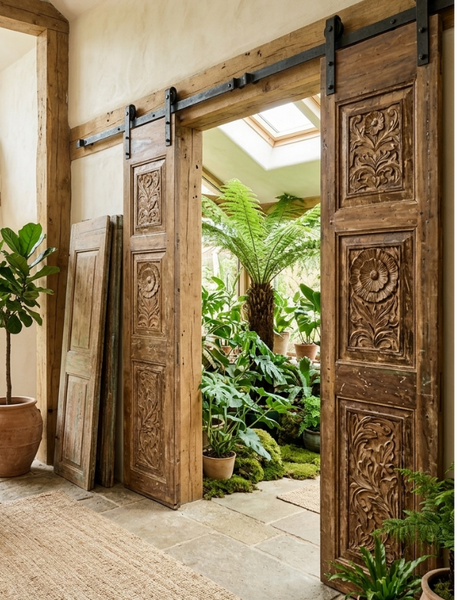 original wood work特製アンティーク風木製パーテーション Antique Floral-Carved Teak Double Doors Reclaimed Wood Pantry Door 80x