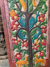 Hand Painted Tree of Life Wood Panel Vintage Carved Wall Art with Peacocks & Deer 84x36