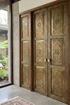 Vintage Brass Clad Panel Doors Hand Hammered Carved Double Doors 80x36