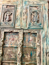 Antique Hand Carved Door Distressed Blue-Green Patina Statement Door 84x40