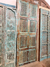 Antique Blue Distressed Barn Door – Hand Carved Reclaimed Wood Door, Turquoise Patina Geometric Panels