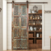 Antique Blue Distressed Barn Door – Hand Carved Reclaimed Wood Door, Turquoise Patina Geometric Panels