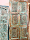 Antique Blue Distressed Barn Door – Hand Carved Reclaimed Wood Door, Turquoise Patina Geometric Panels
