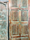 Antique Blue Distressed Barn Door – Hand Carved Reclaimed Wood Door, Turquoise Patina Geometric Panels