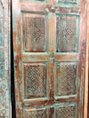 Antique Blue Distressed Barn Door – Hand Carved Reclaimed Wood Door, Turquoise Patina Geometric Panels