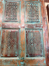 Antique Blue Distressed Barn Door – Hand Carved Reclaimed Wood Door, Turquoise Patina Geometric Panels