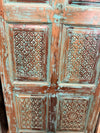 Antique Blue Distressed Barn Door – Hand Carved Reclaimed Wood Door, Turquoise Patina Geometric Panels