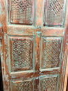Antique Blue Distressed Barn Door – Hand Carved Reclaimed Wood Door, Turquoise Patina Geometric Panels