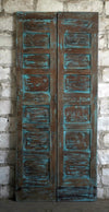 Hand Carved Double Doors Turquoise Wash Six Panel Reclaimed Wood Architectural Doors