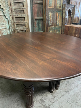 Antique Indian Dining Table Teak Round 8 Seater Hand Carved Farmhouse Table