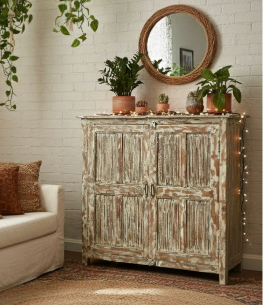 Antique Carved Armoire Limewash Cabinet Mid Century Chest 52x49