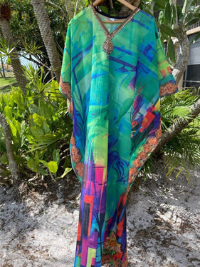 Womens Green Georgette Maxi Caftan Elegant Beach & Resort Dress L-3X Womens Green Georgette Maxi Caftan Elegant Beach & Resort Dress L-3X