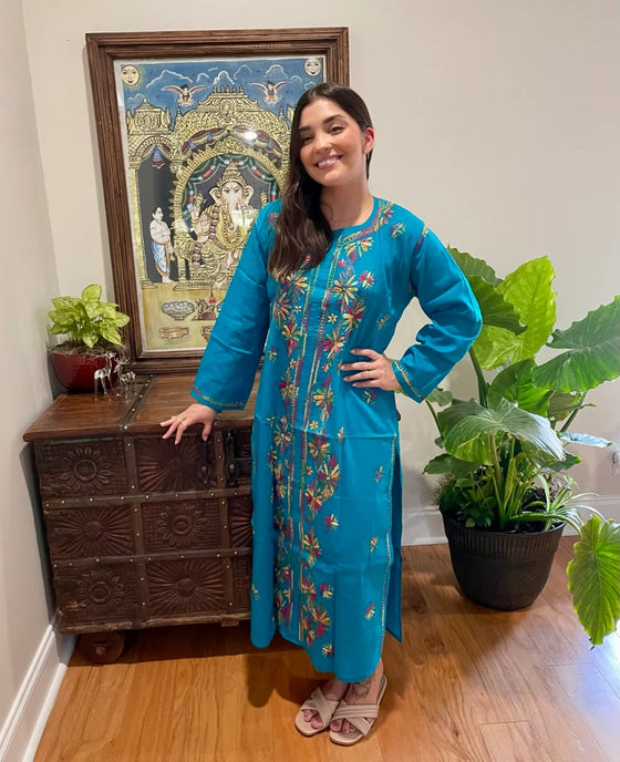 Womens Long Tunic Dress, Blue Hand Embroidered Kurti  L