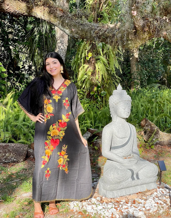 Women Maxi kaftan dress embroidered Jade Black Caftan L-2XL
