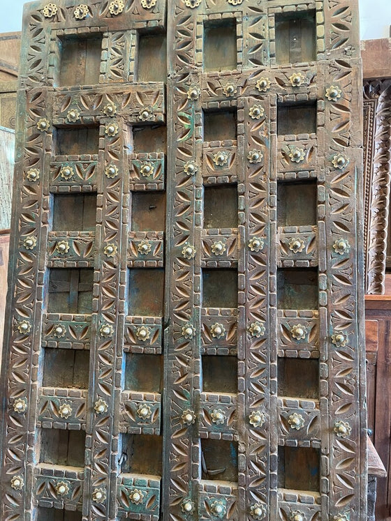 Antique Indian Doors, Rustic Blue Haveli Teak Door, 81x37
