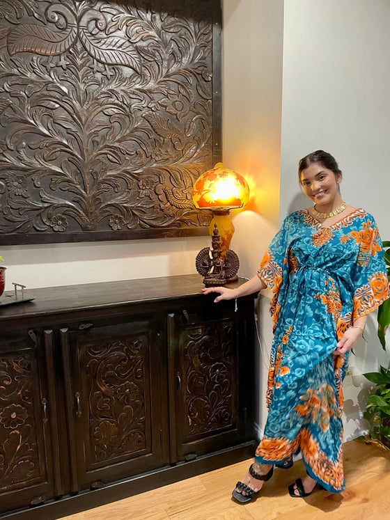 Womens Caftan Maxi Dress Blue Floral Butterfly Kaftan L-2XL