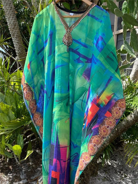 Women's Kaftan Maxi Dress Green Georgette Printed maxi Dress One size