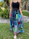 Womens Maxi Skirt, Blue Boho Hippie Patchwork Maxi Flared Skirts S/M/L