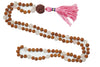 Rose Quartz Rudraksha Japa Mala Beads – Hand-Knotted Tibetan Buddhist Meditation Necklace