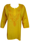 Yellow Floral Embroidered Cotton Tunic – Women’s Summer Boho Top Dress  M