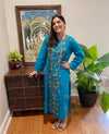 Women’s Blue Hand Embroidered Kurti – Long Tunic Dress | Boho Cotton Ethnic Wear L