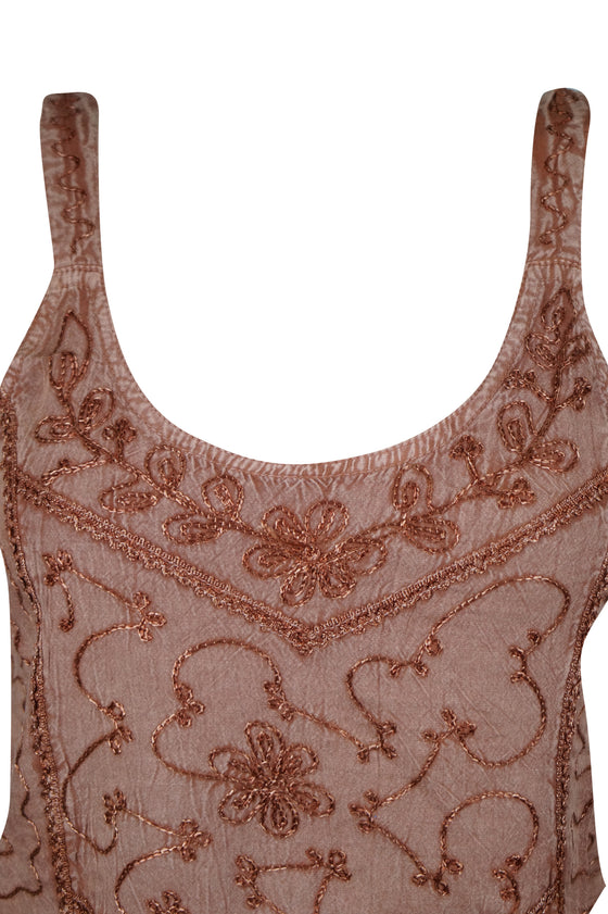 Womens Tank Top, Brown Embroidered Beach Blouse For Womens SM
