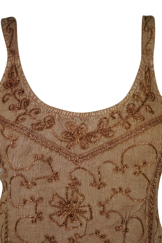 Women Tank Top, Rustic Brown Tank Top, Retro 70s Embroidered Strappy Top S/M