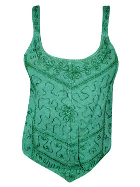 Women's Tank Top, Strappy Tank Top, Summer Green Embroidered Boho Tops SM