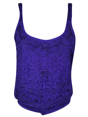 Womens Strap Top BLUE Embroidered  Neck Tank Tops SM