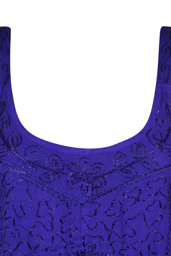 Womens Strap Top BLUE Embroidered  Neck Tank Tops SM