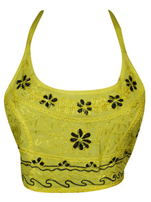  Women Halter Top, Yellow Tie Back Crop Top Embroidered Stylish S