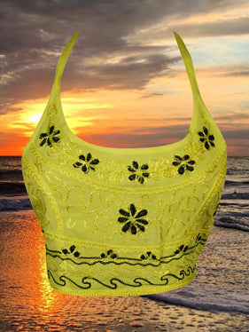 Women Halter Top, Yellow Tie Back Crop Top Embroidered Stylish S