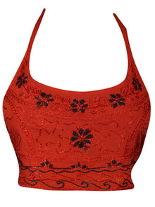  Women Crop Top Red Halter Boho Summer Embroidery Dress S