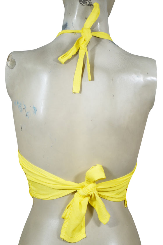 Women Halter Top, Yellow Tie Hand Embroidered Stylish S