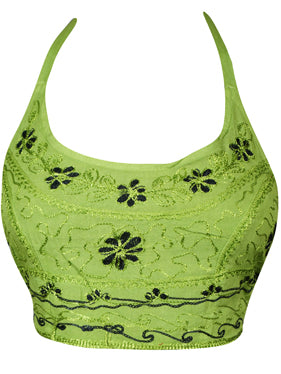 Women Halter Top, Green Tie Back Hand Embroidered Blouse S