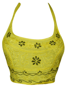  Women Halter Top, Yellow Tie Hand Embroidered Top S